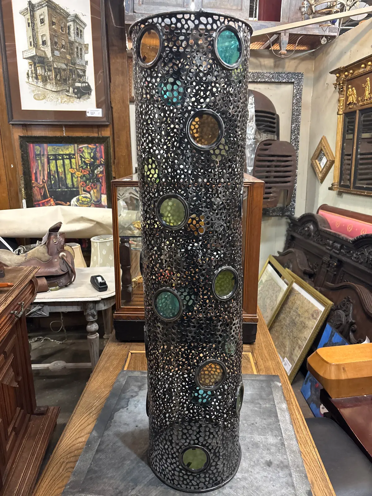 Metal Mesh Cylinder With Stained Glass 1