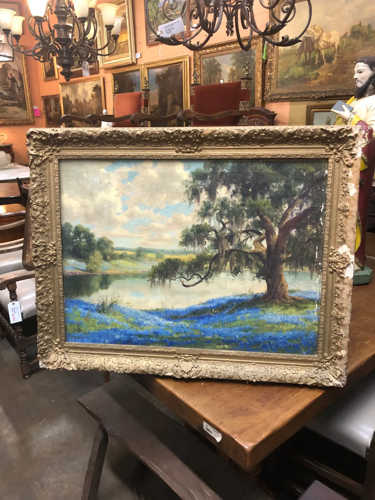 Framed Blue Bonnet And Tree Oil Painting Signed By Dolly Nabinger 1