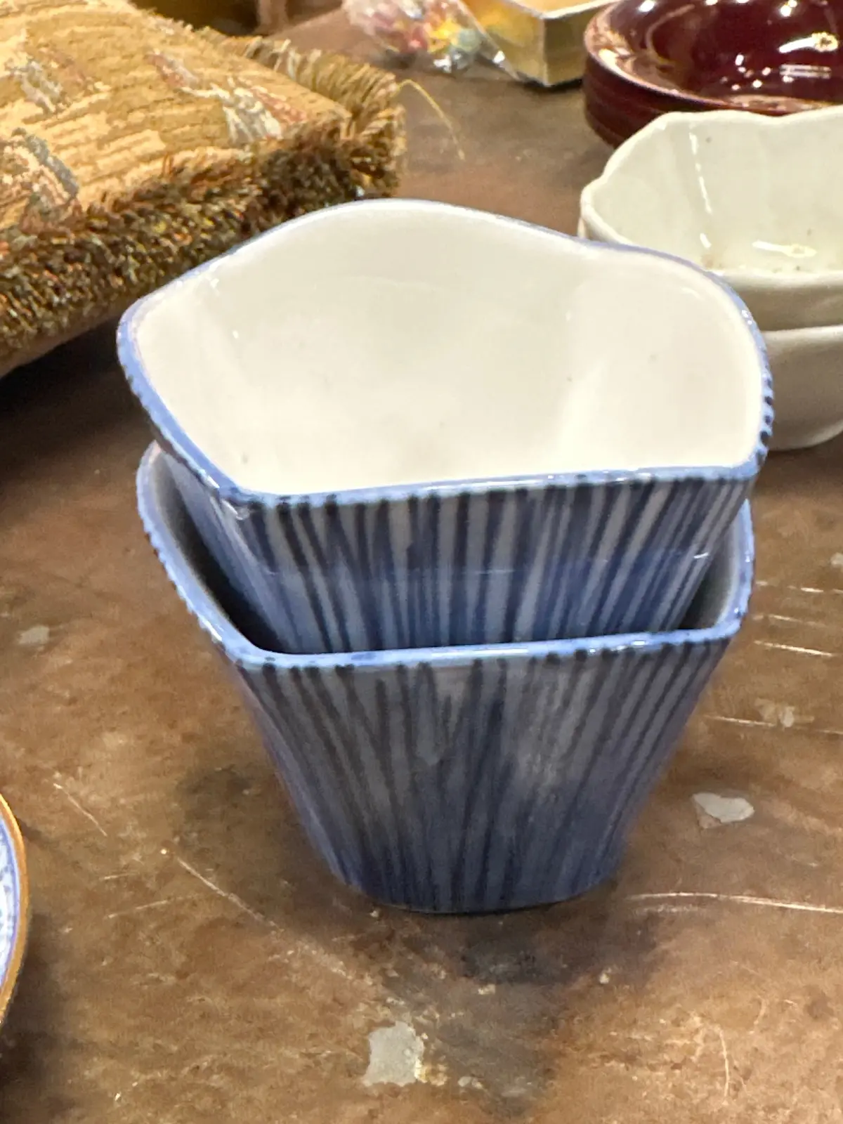 Pair Of Blue And White Small Bowls Stripes 1