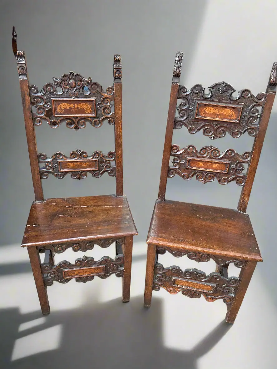 Pair Of Italian Walnut Side Chairs With Inlay 1