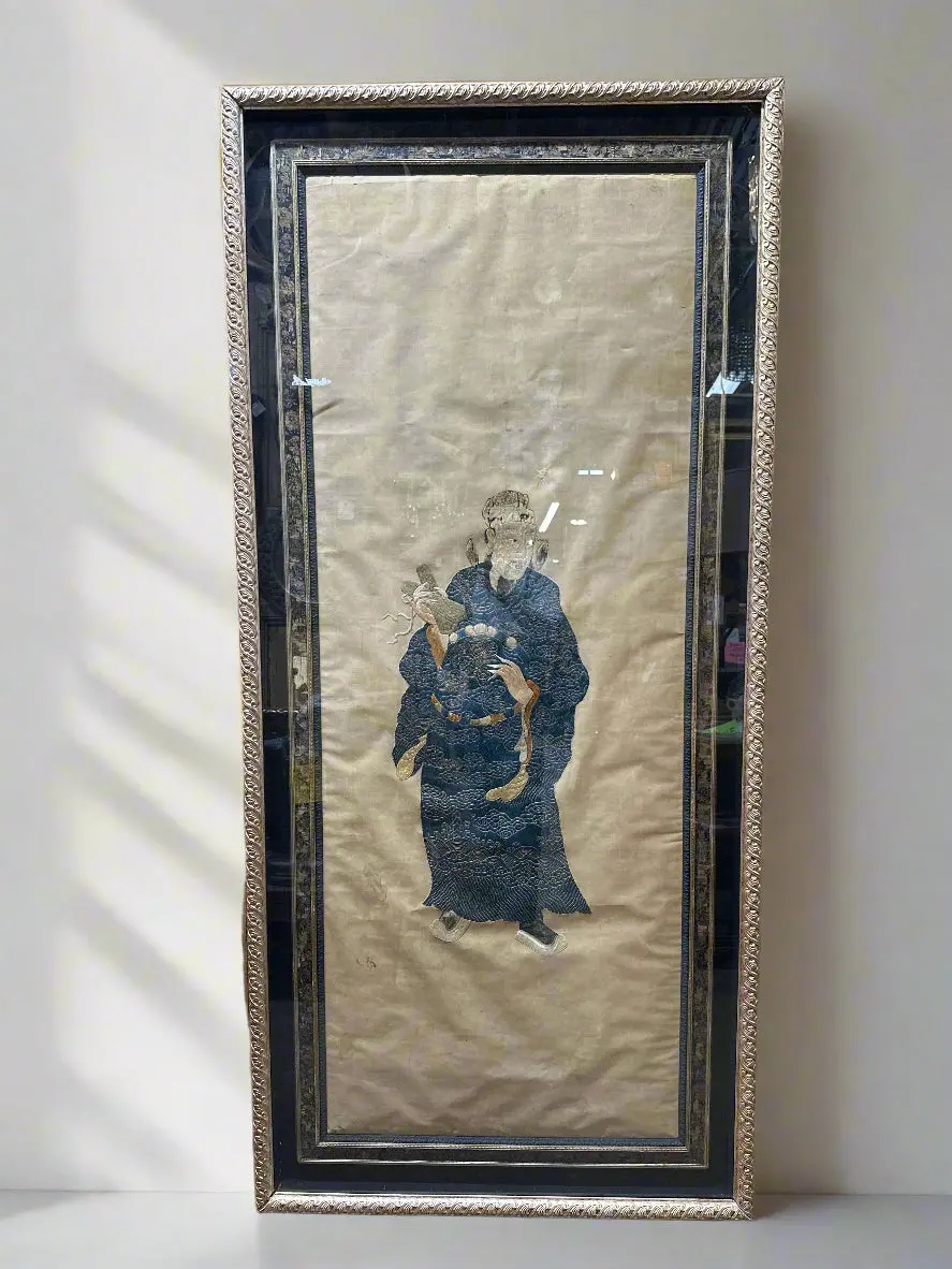 Large Framed Silk Embroiderery Of An Asian Man 1