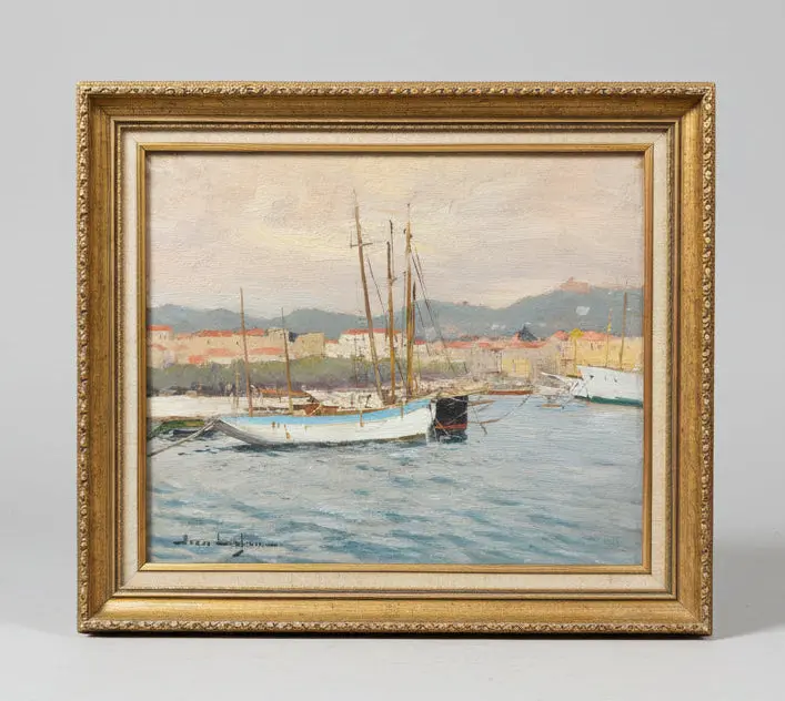 Small Gilt Framed Harbor Scene Oil Painting Jean Lefon 1866-1973 French 1