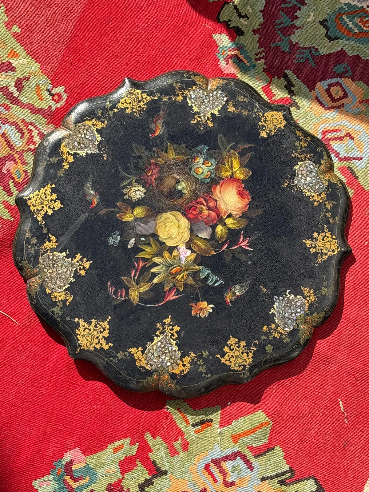 As Found Papier Mache Table Top With Floral Birds 1