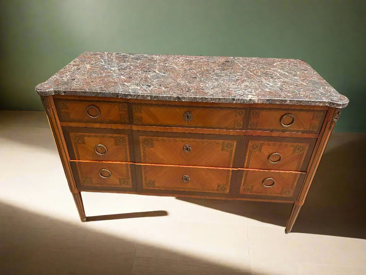 Louis Xvi Puddy Marble Top Wide Chest With Drawers With Banding And Pullout Desk 1