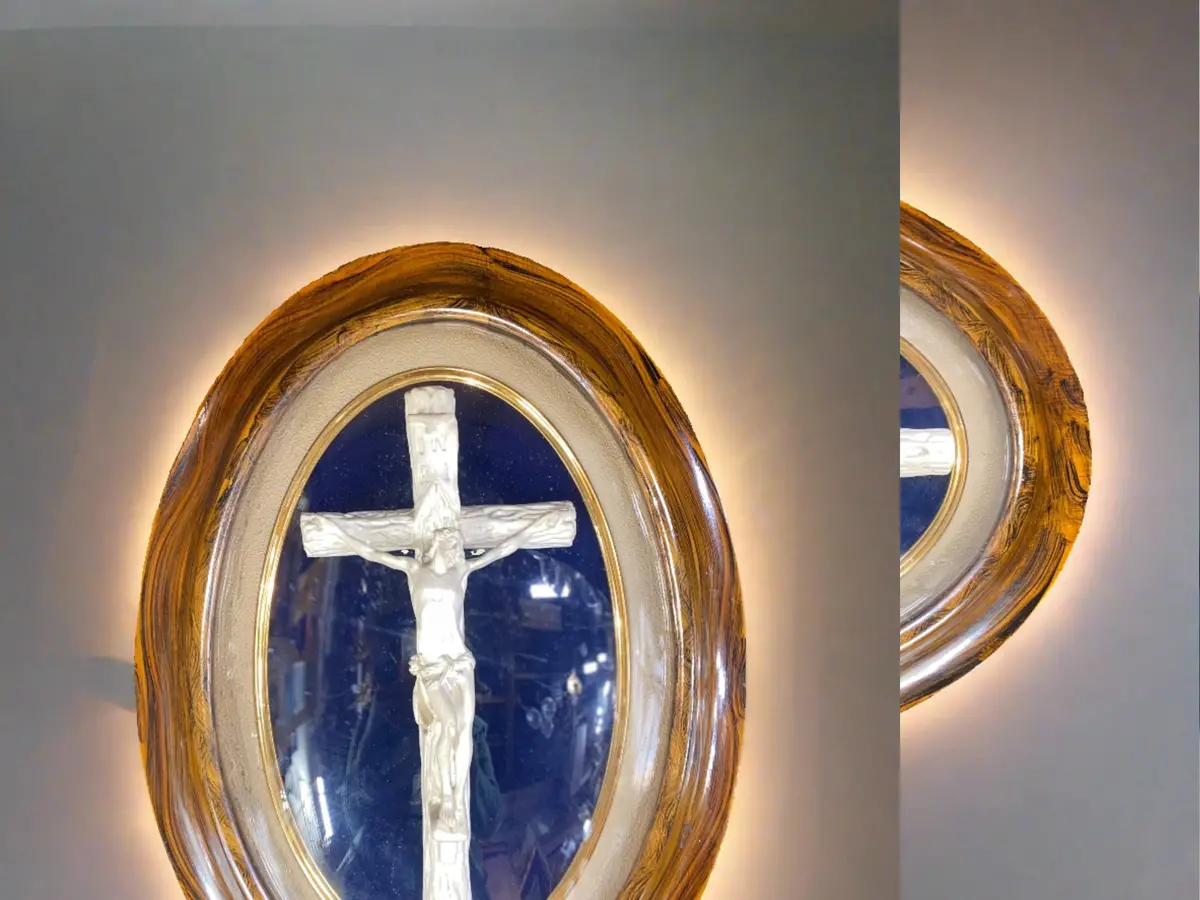 Crucifix Under Oval Convex Glass Faux Grained  Frame 1