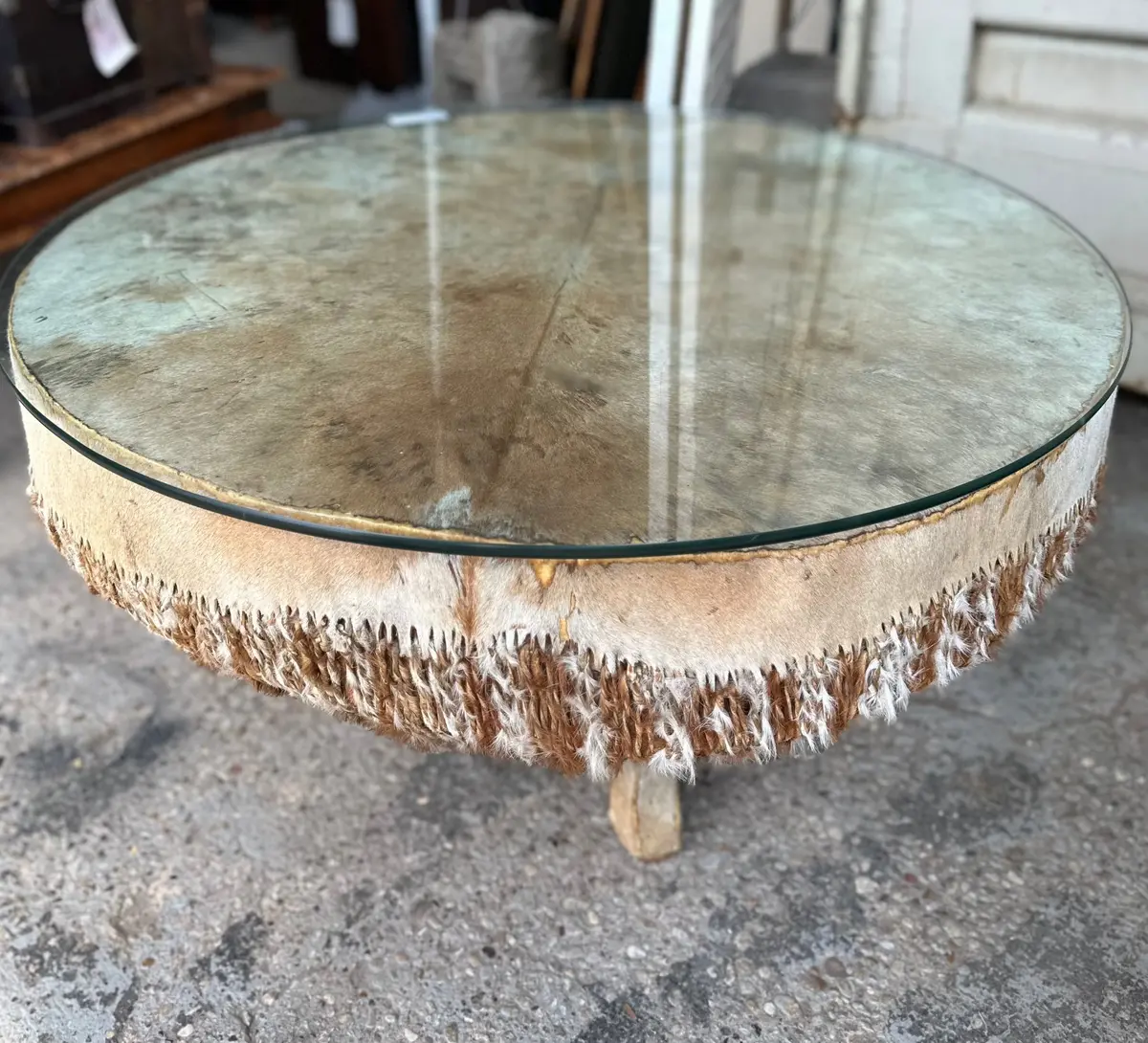 African Drum Glass Top Coffee Table 1