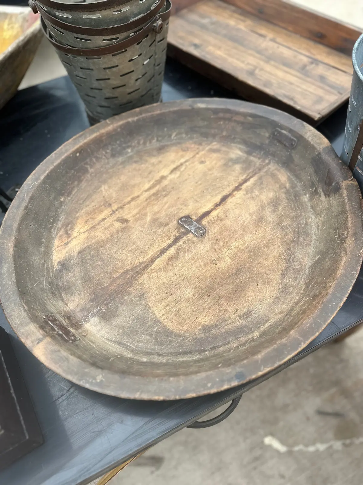 Large Round Flat Bowl With Metal Strap Repairs 1
