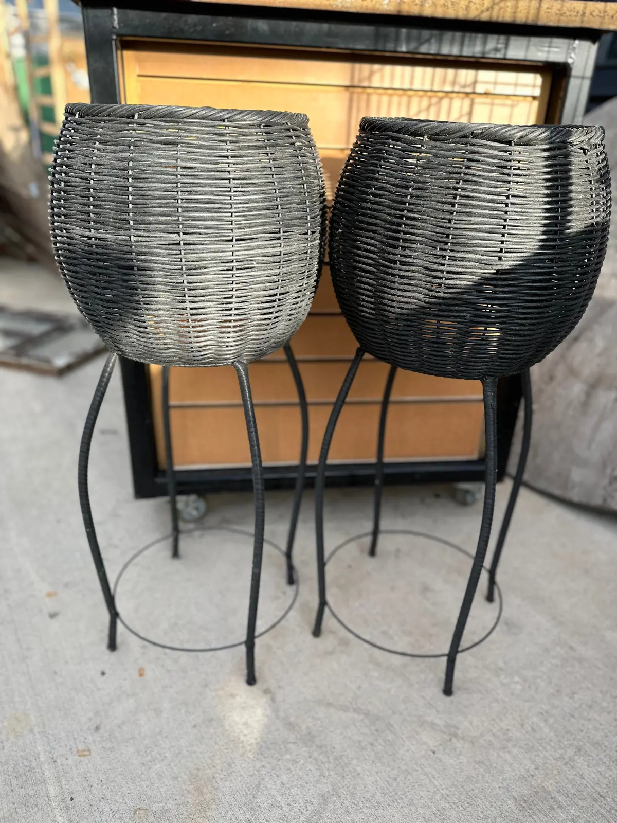Pair Of Black Rattan Planters 1