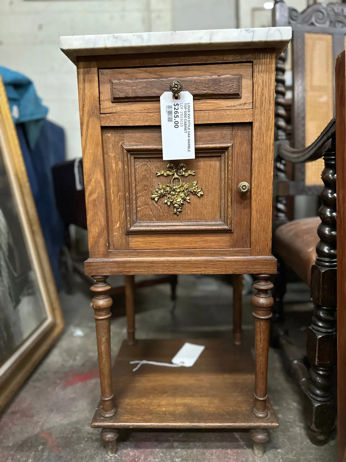 Pair Of Louis Xvi Style Oak Marble Top Side Cabinets-As Found 1