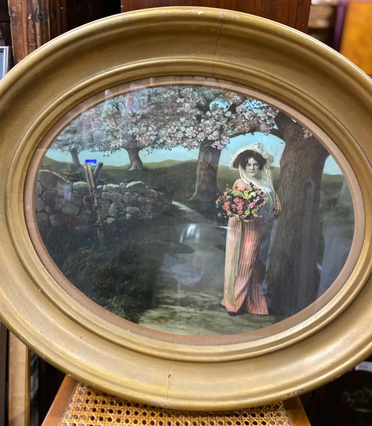 Gold Framed Oval Print Of A Lady With Flowers “Sweet Blossoms ” 1
