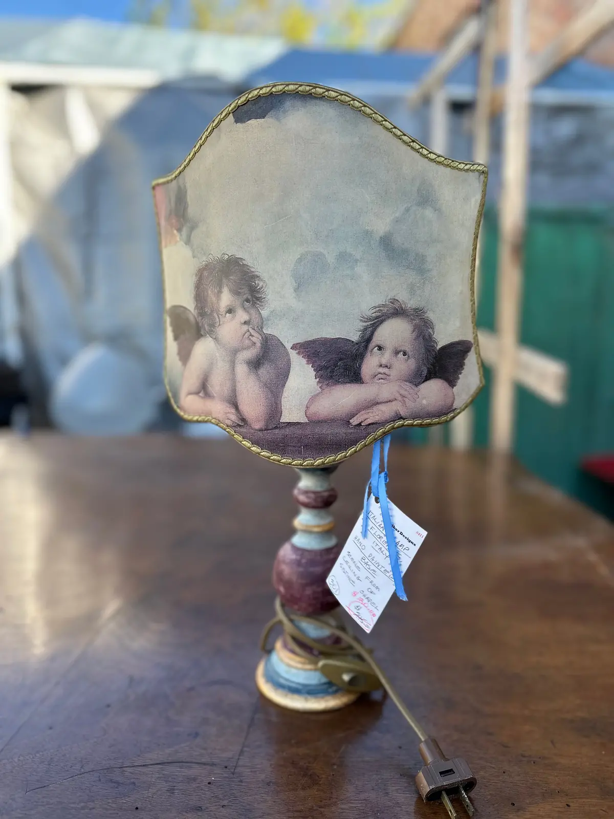 Polychrome Small Wood Lamp With Cherub Shade 1