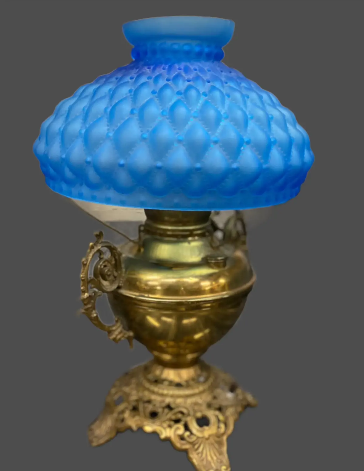 Brass Electrified Hurricane Lamp With Blue Grass Shade 1