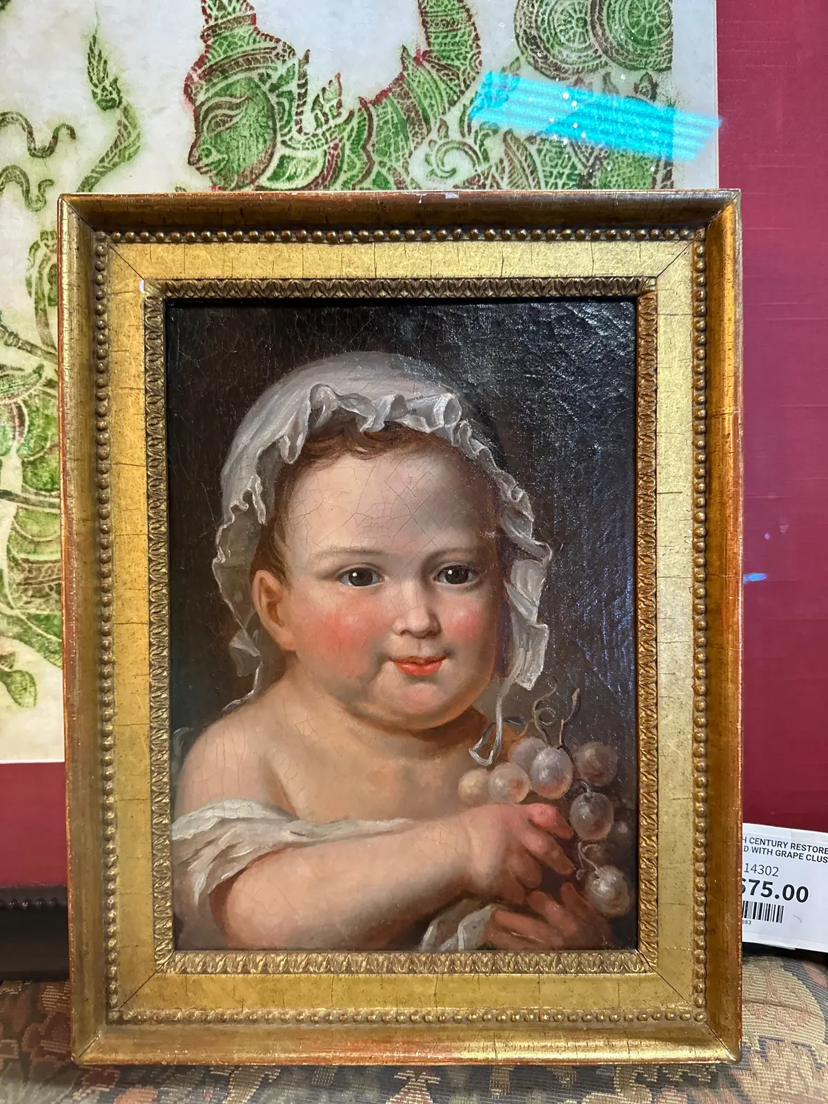 18Th Century Restored Painting Of Child With Grape Cluster In Gilt Frame 1