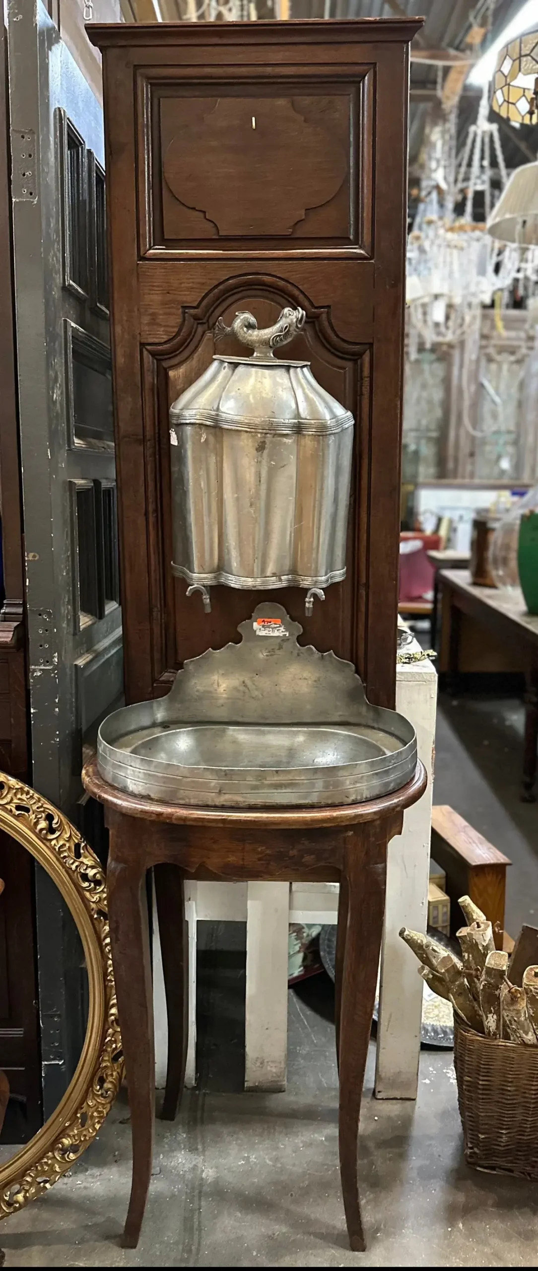 Oak 18Th Century French Lavabo With Pewter Vessels 1