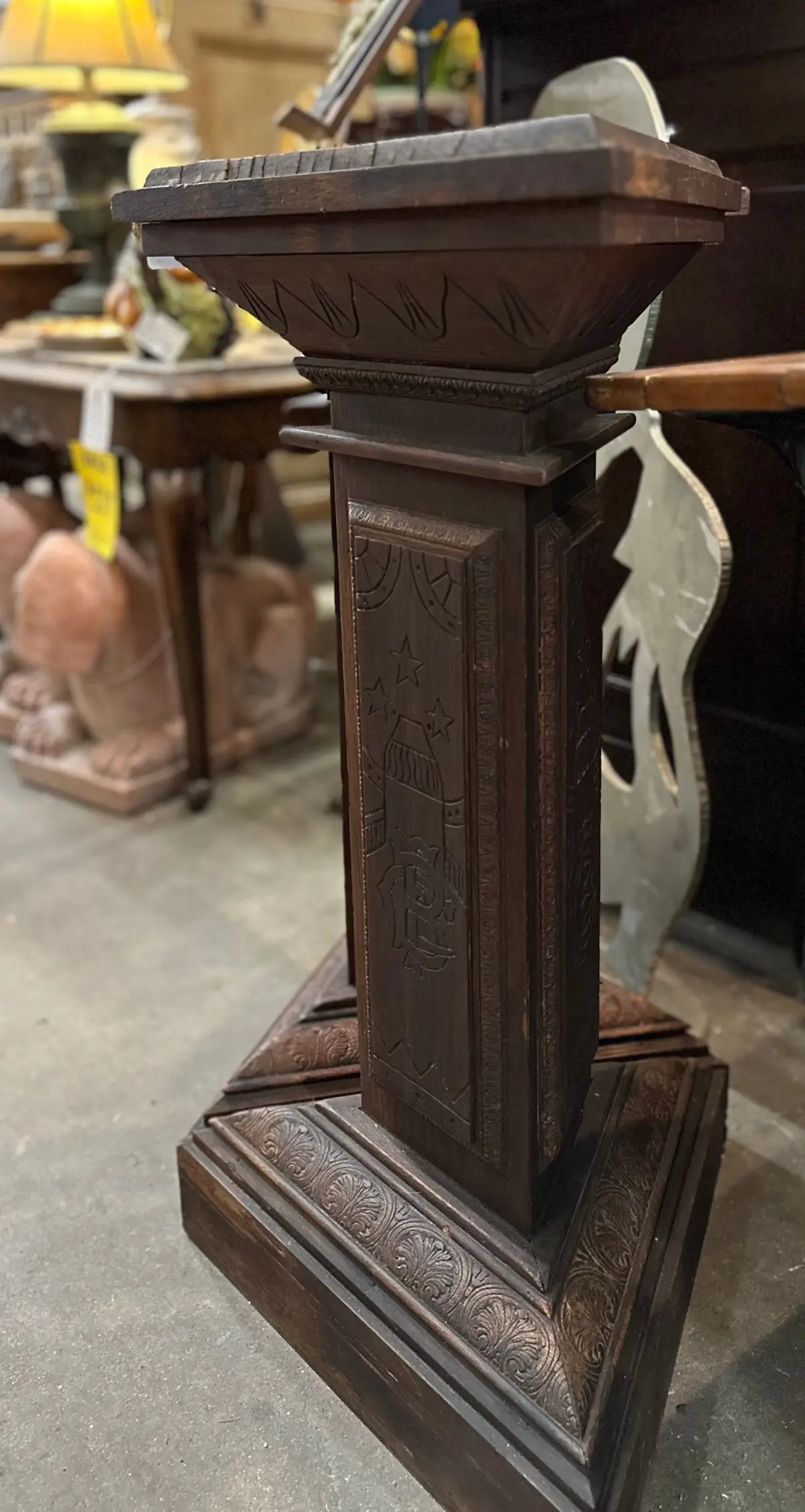 Triangle Base Oak Masonic Pedestal With Incised Carved Stars 1