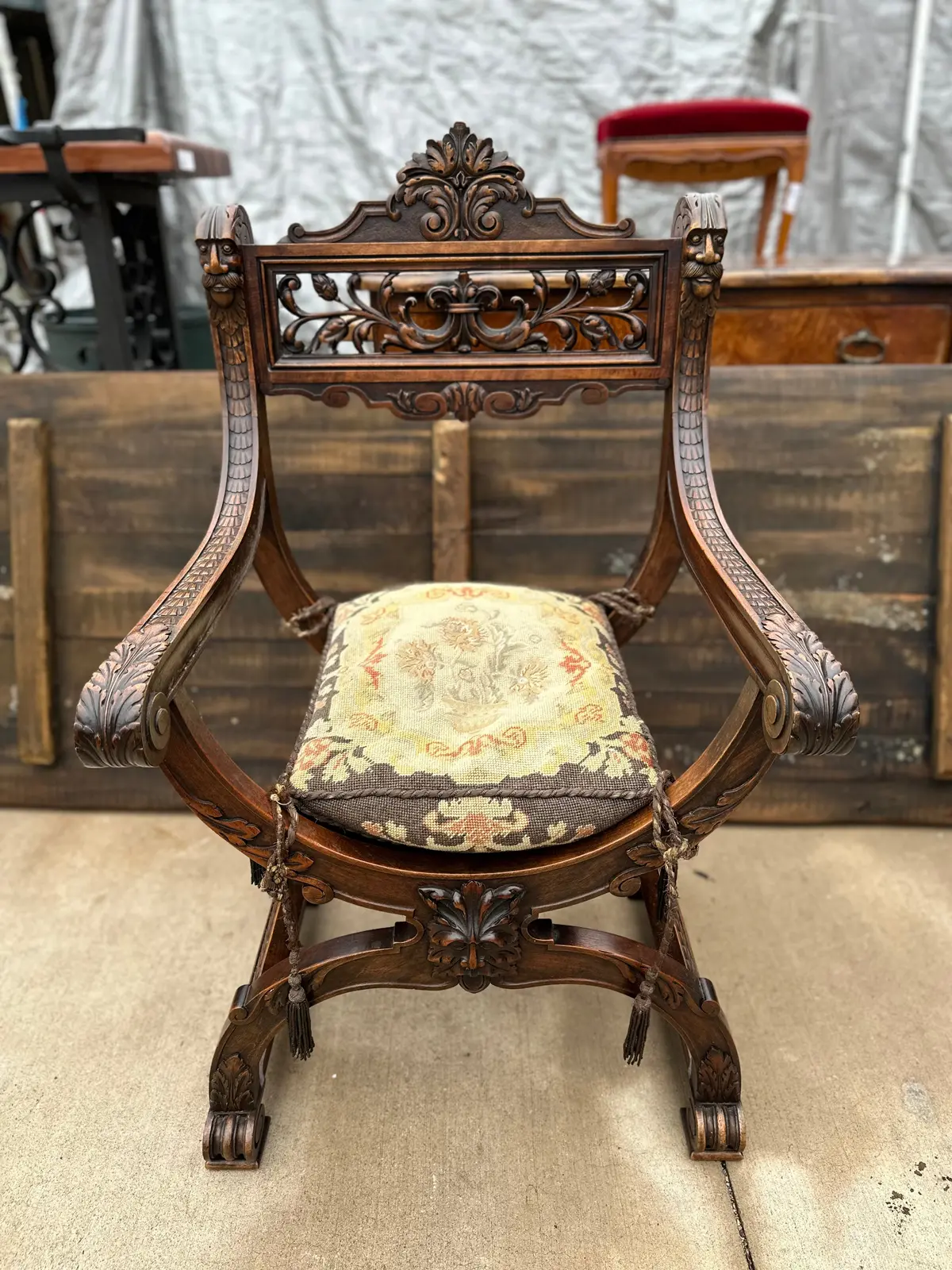 Carved Walnut Savanarola Chair 1