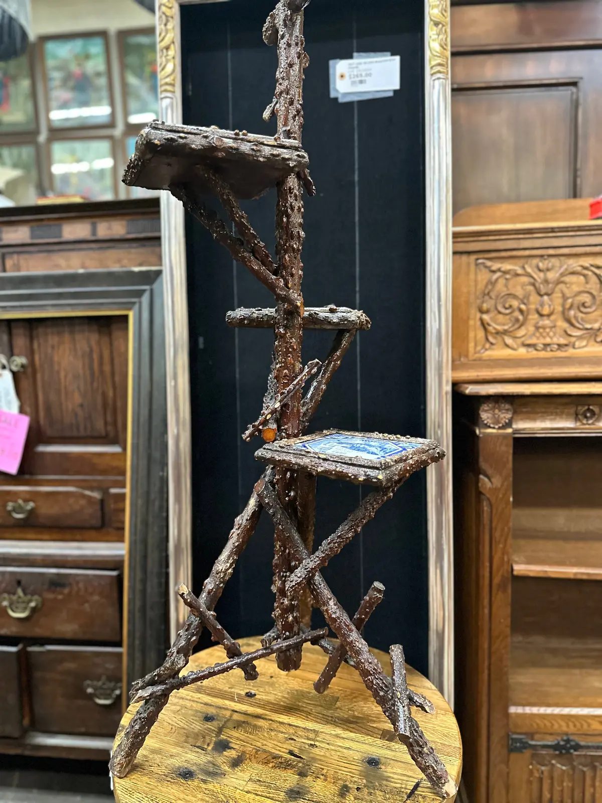 Folk Art Twig With Delft Tile Plant Stand 1