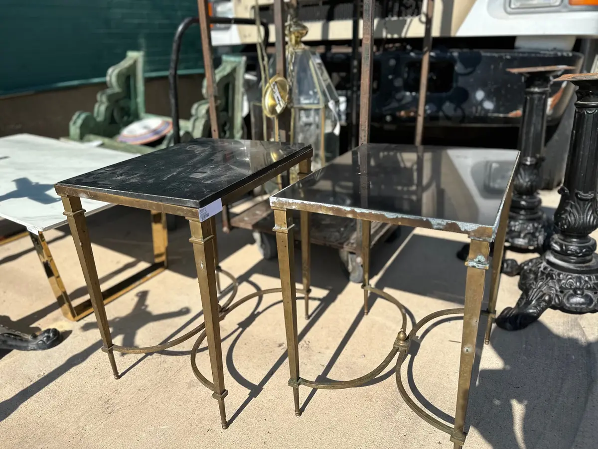 Tapered Leg Brass Side Table Pair With Black Granite Tops 1