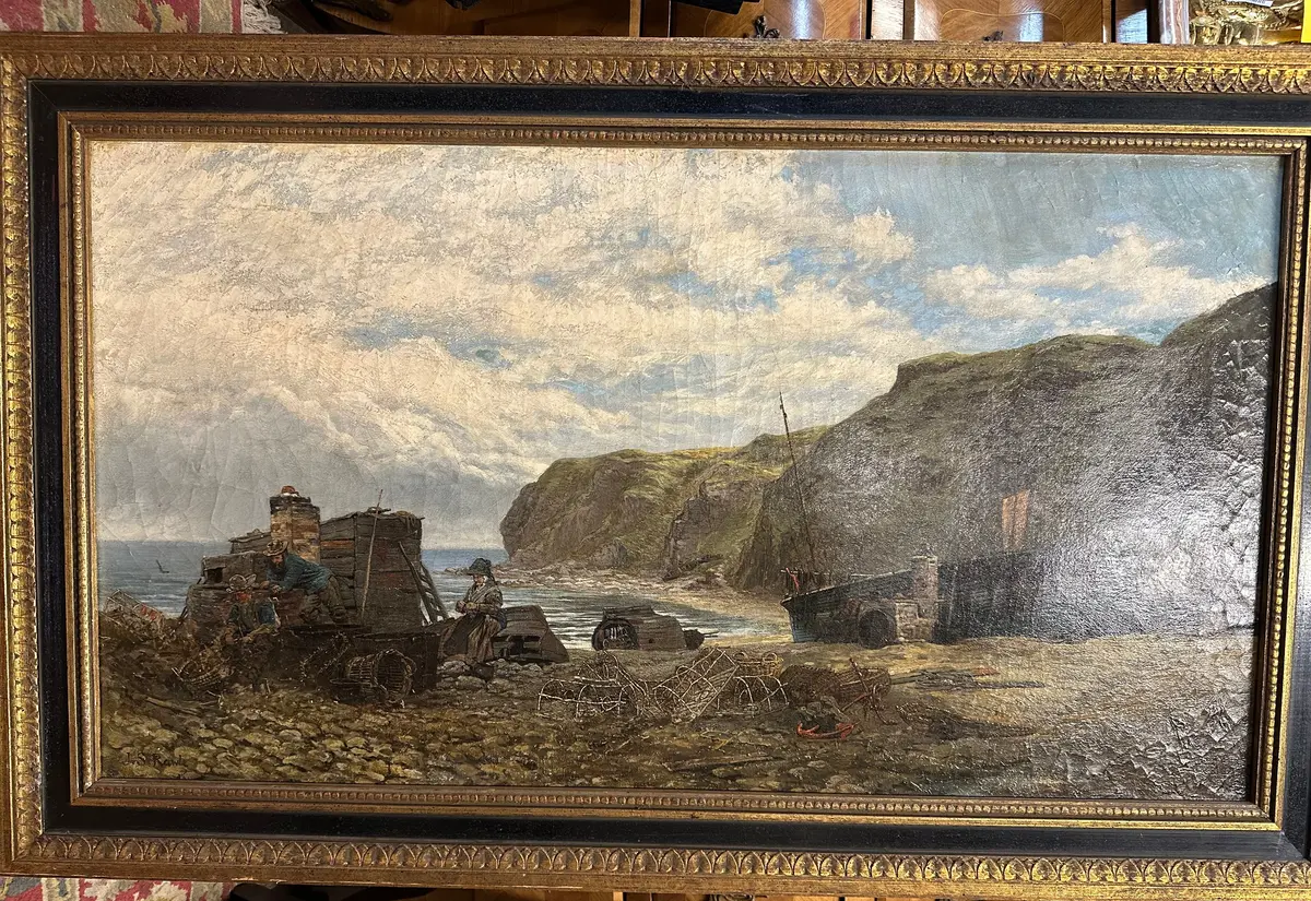 19Th Century Oil Painting On Canvas Of A Coastal Scene With Fishermen By Js Rawl 1