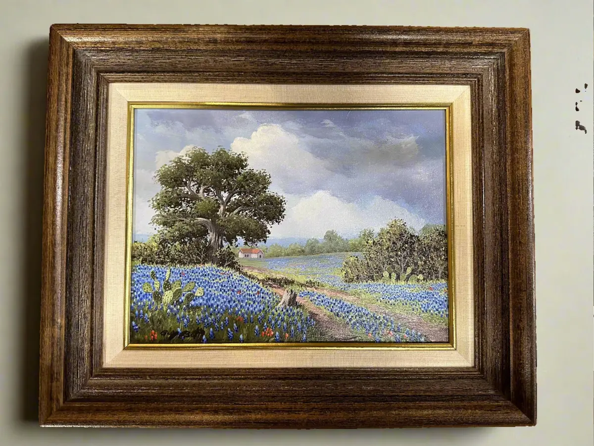 Framed Blue Bonnets Landscape Oil Painting Guy Bott 1