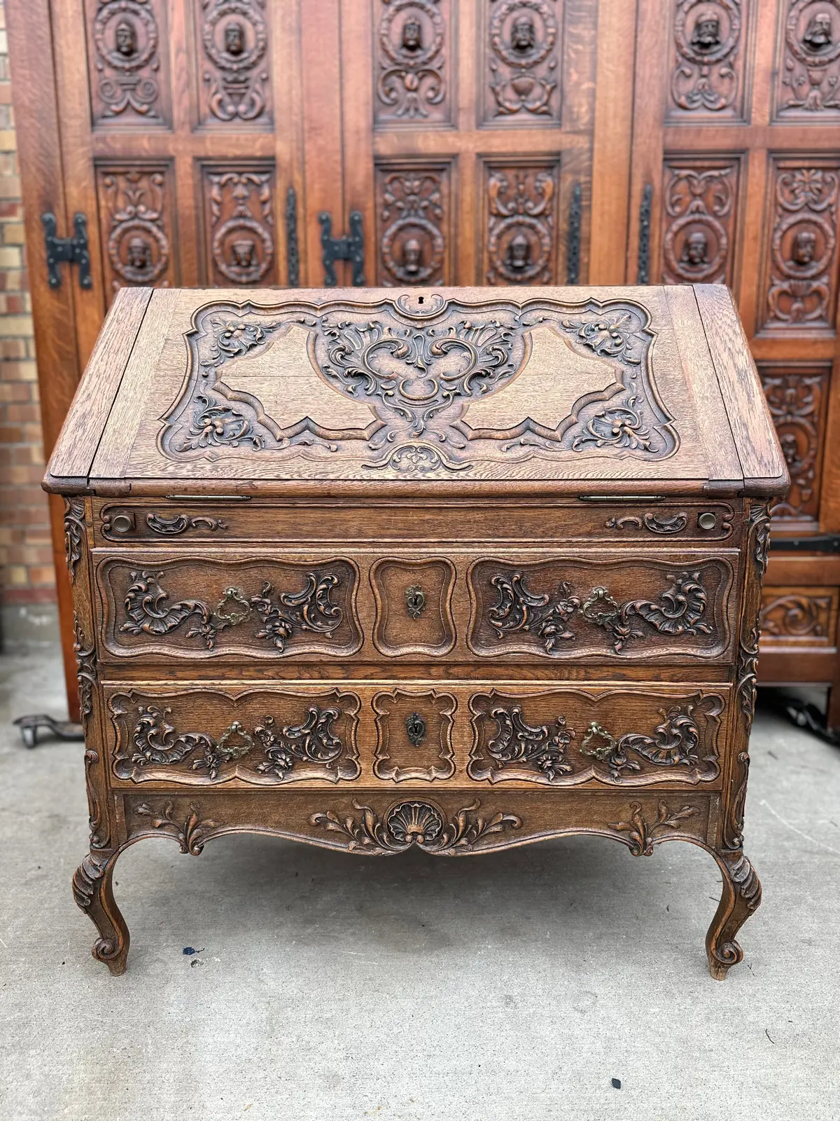 Ornate Carved Oak Louis Xv Drop Front Desk 1