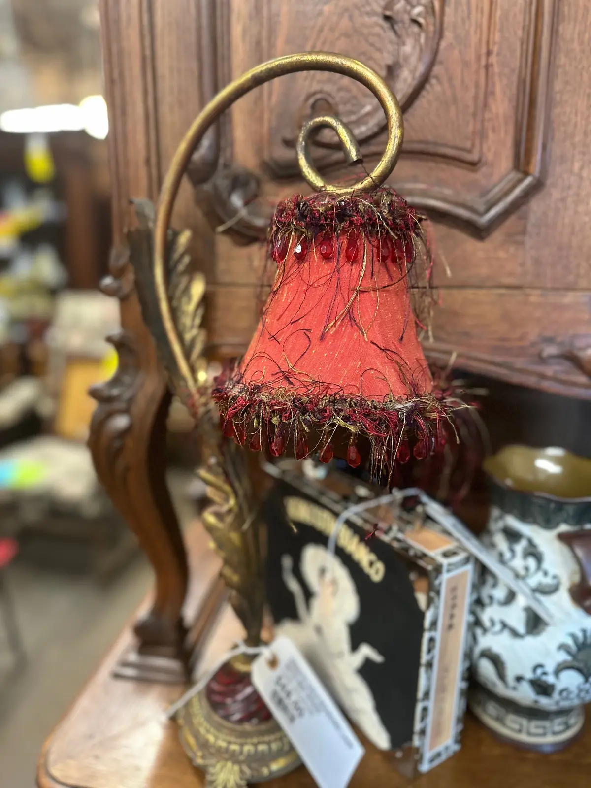 Ornate Gold Boudoire Lamp With Red Shade 1