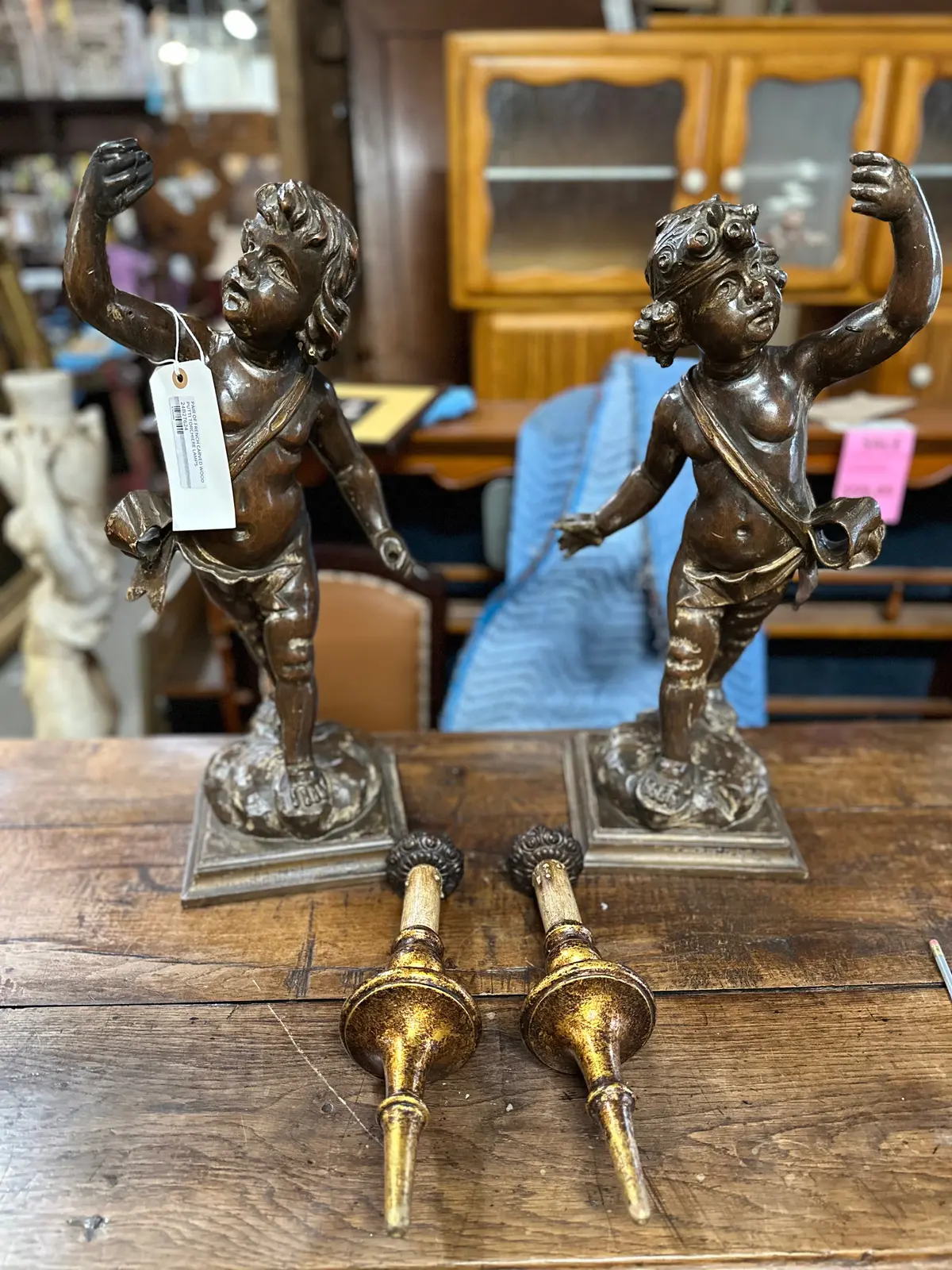 Pair Of 19Th Century French Carved Wood Putti Torchiere Lamps 1