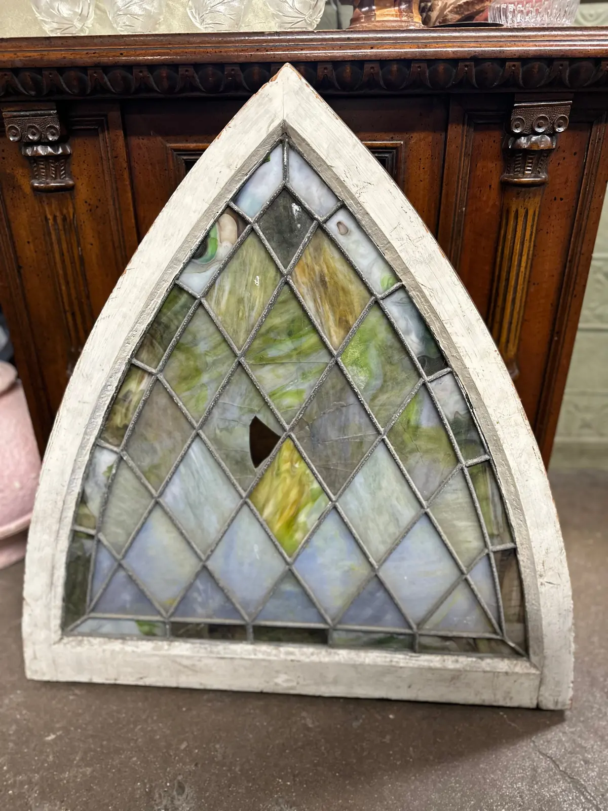 As Found Oak Framed Colonial Cambed Arched American Gothic Stained Glass Window 1