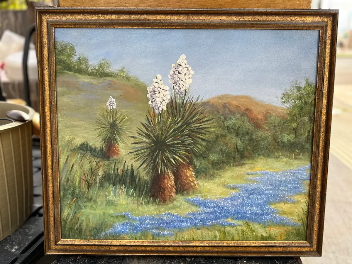 Framed Oil Painting Of Yucca And Bluebonnet 1