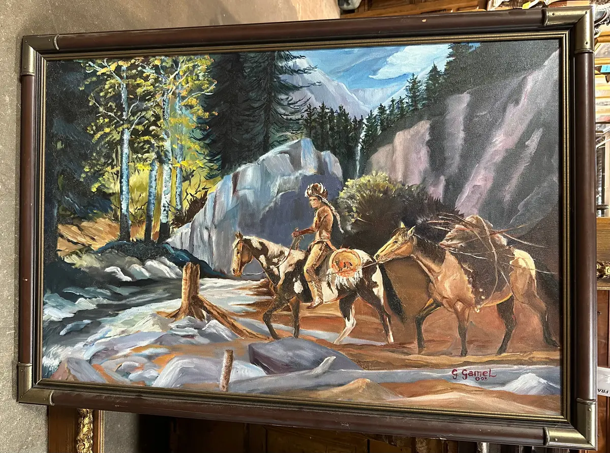 Oil Painting Of Indian On Horseback By G. Gamel 1