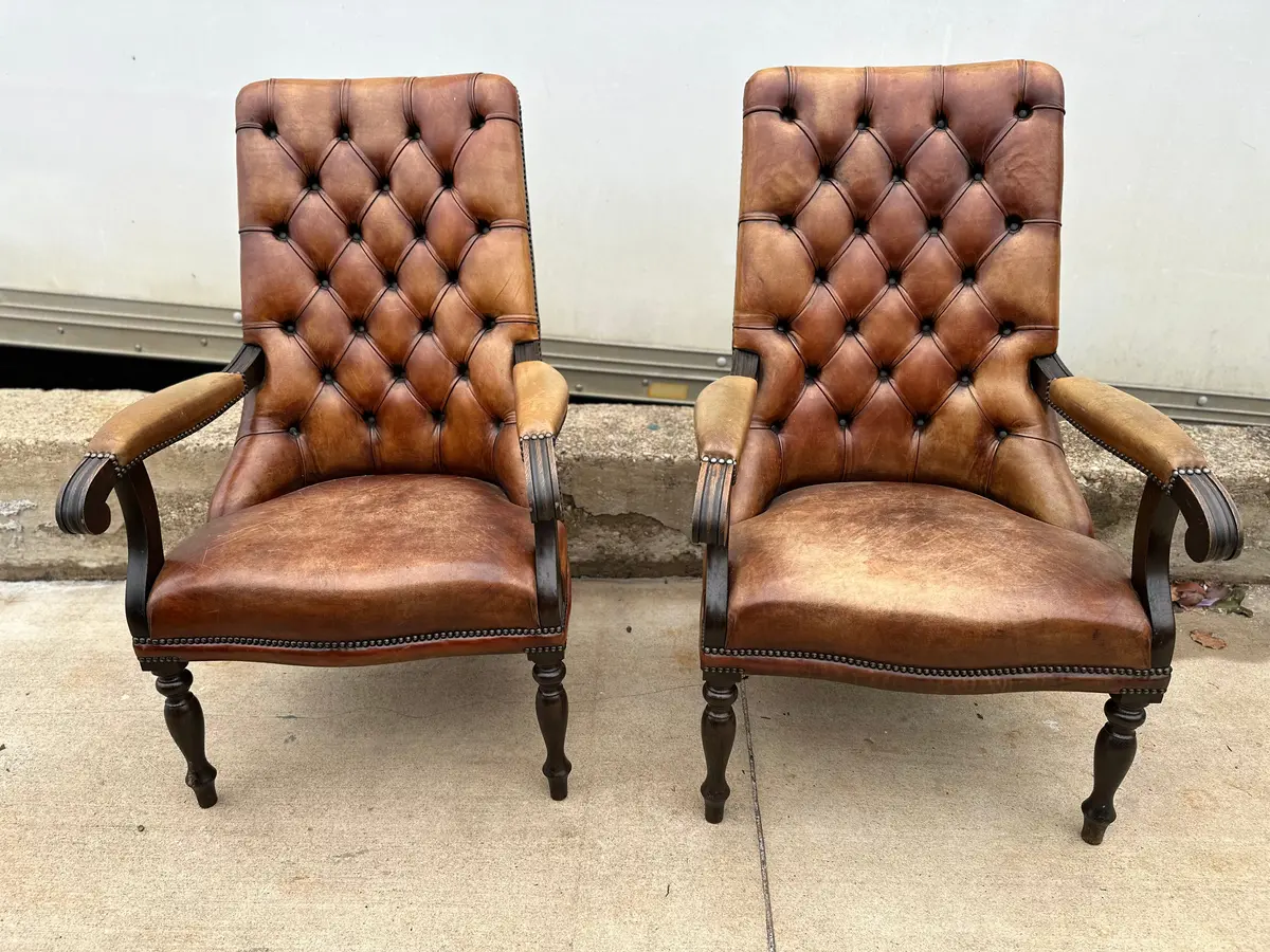 Pair Unusual Tufted High Buck Leather Chairs 1