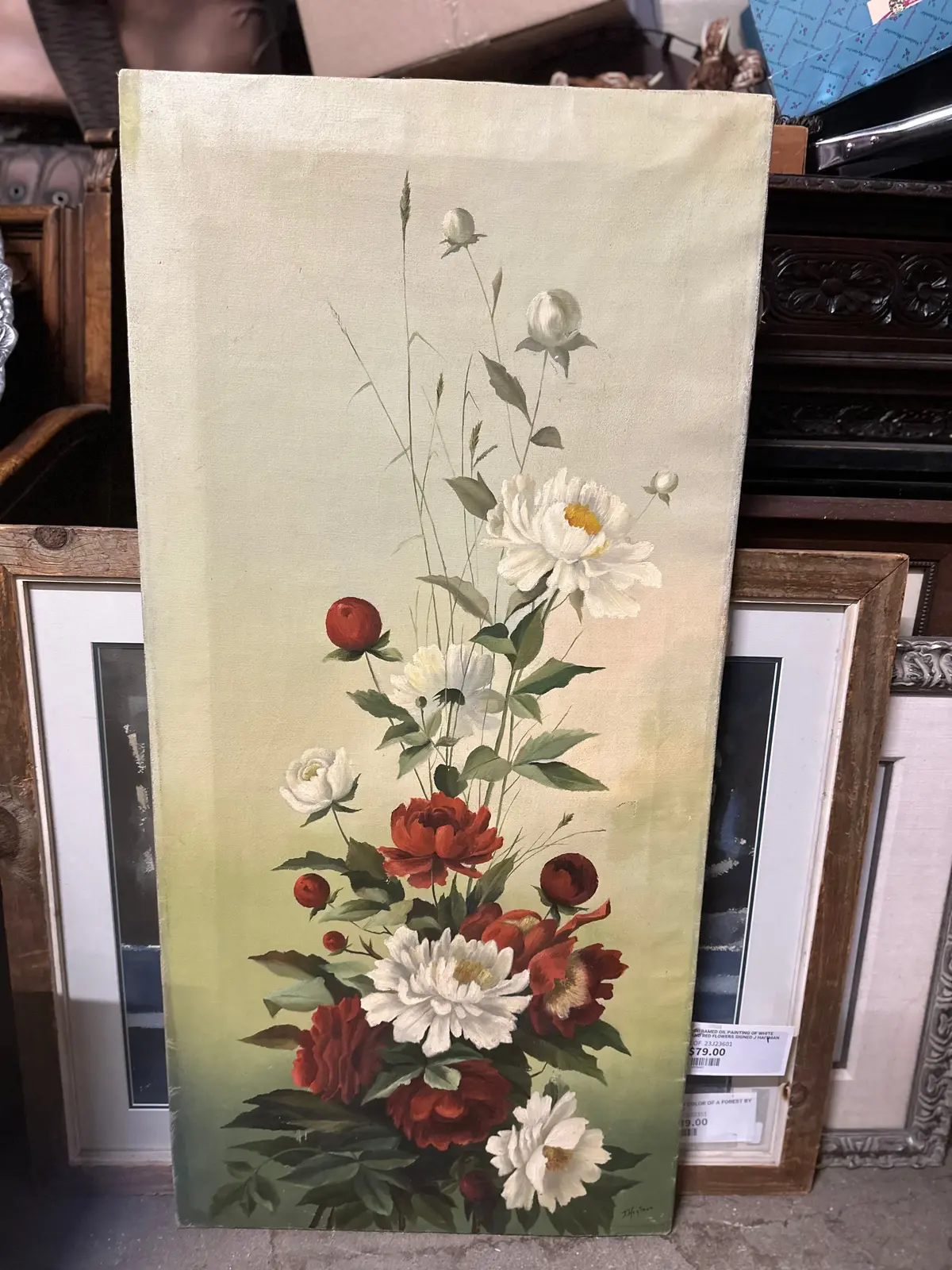 Unframed Oil Painting Of White And Red Flowers Signed J Haitman 1