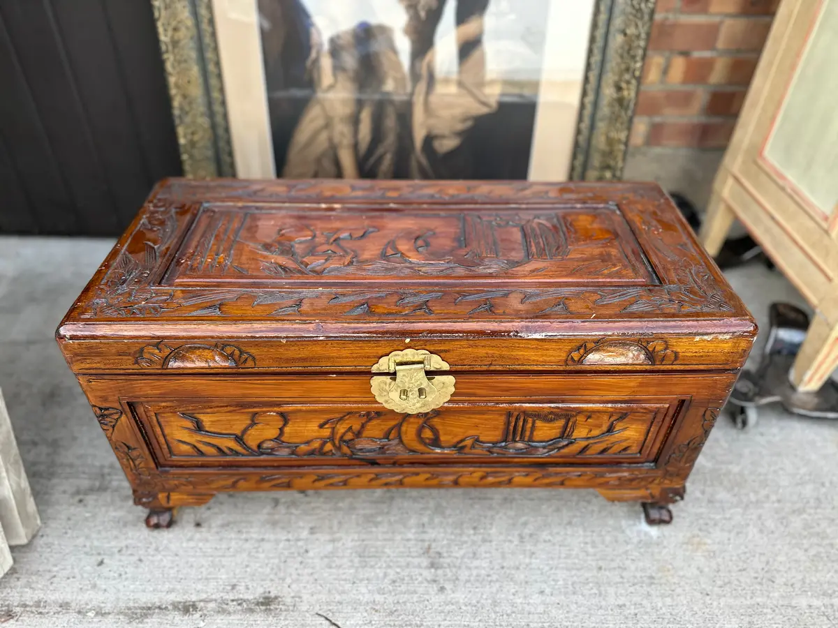 Small Carved Asian Trunk With Dolphins 1