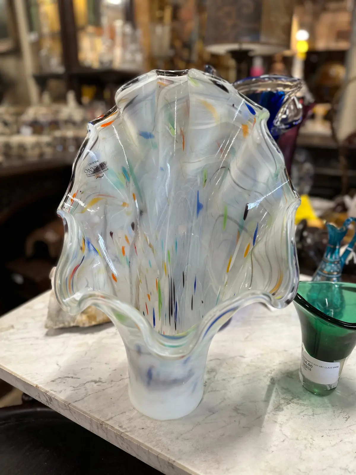 Large  Murano Glass White Confetti Vase 1
