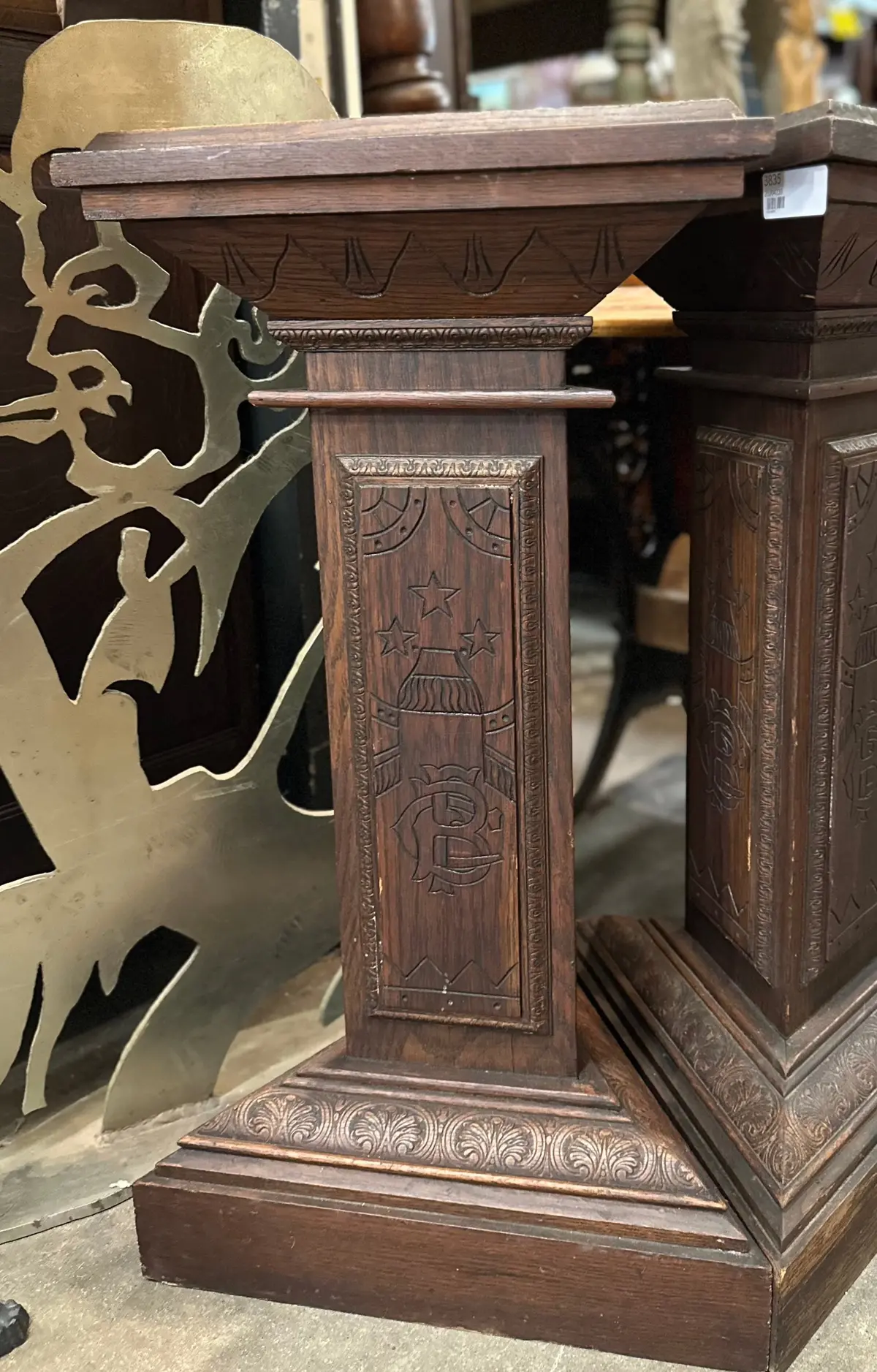 Triangle Base Oak Masonic Pedestal With Incised Carved Stars 1