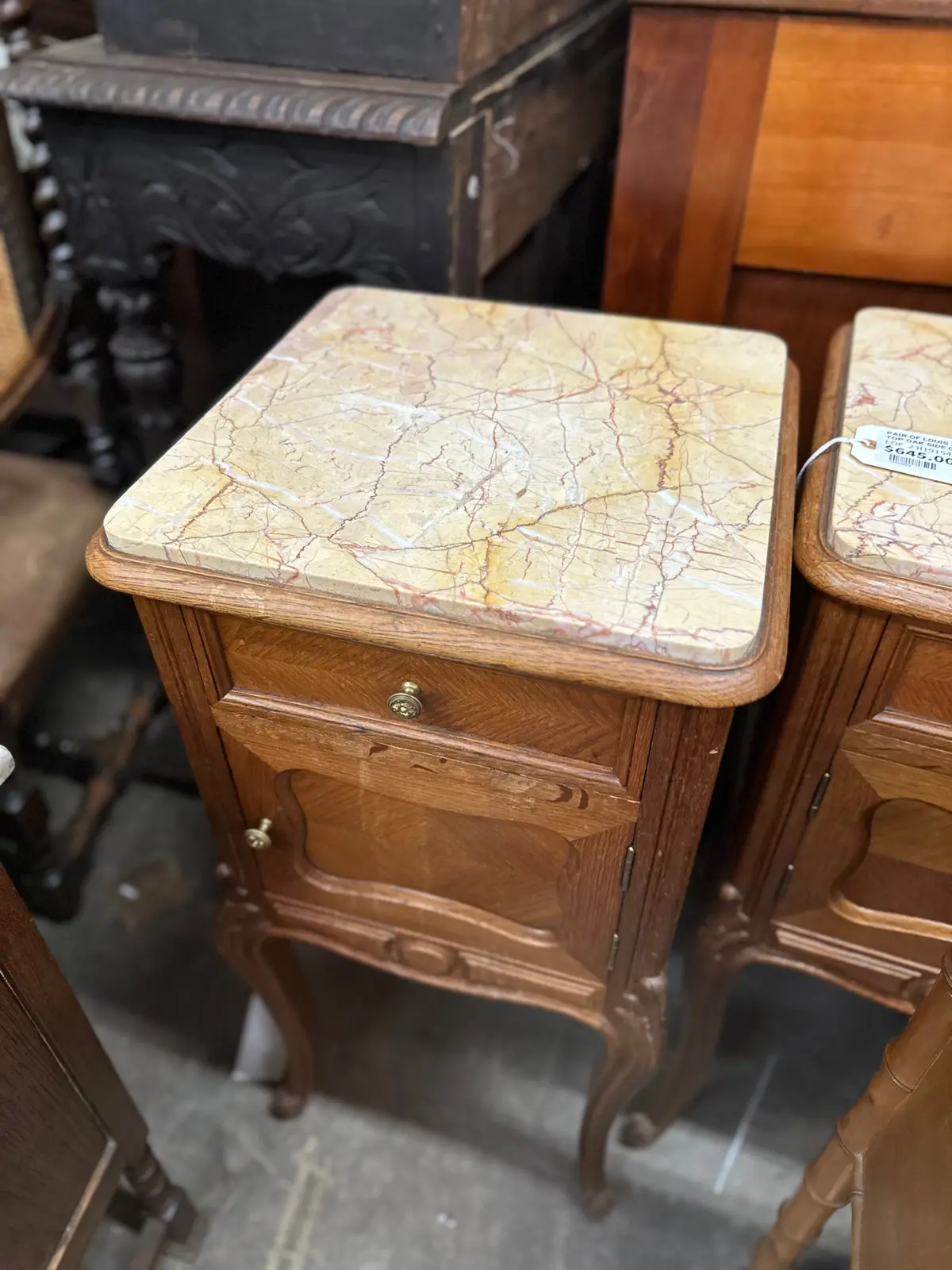 Pair Of Louis Xv Style Marble Top Oak Side Cabinets 1