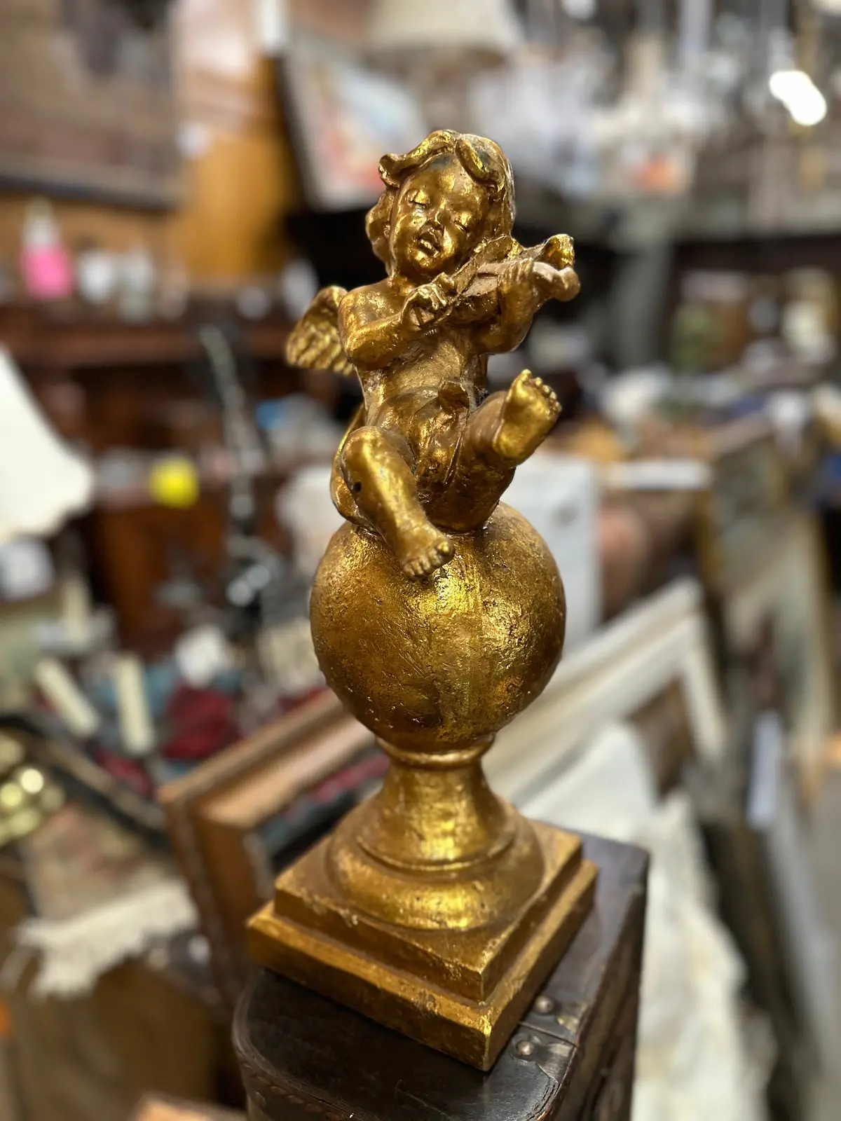 Gold Cherub Playing Violin On Stand 1