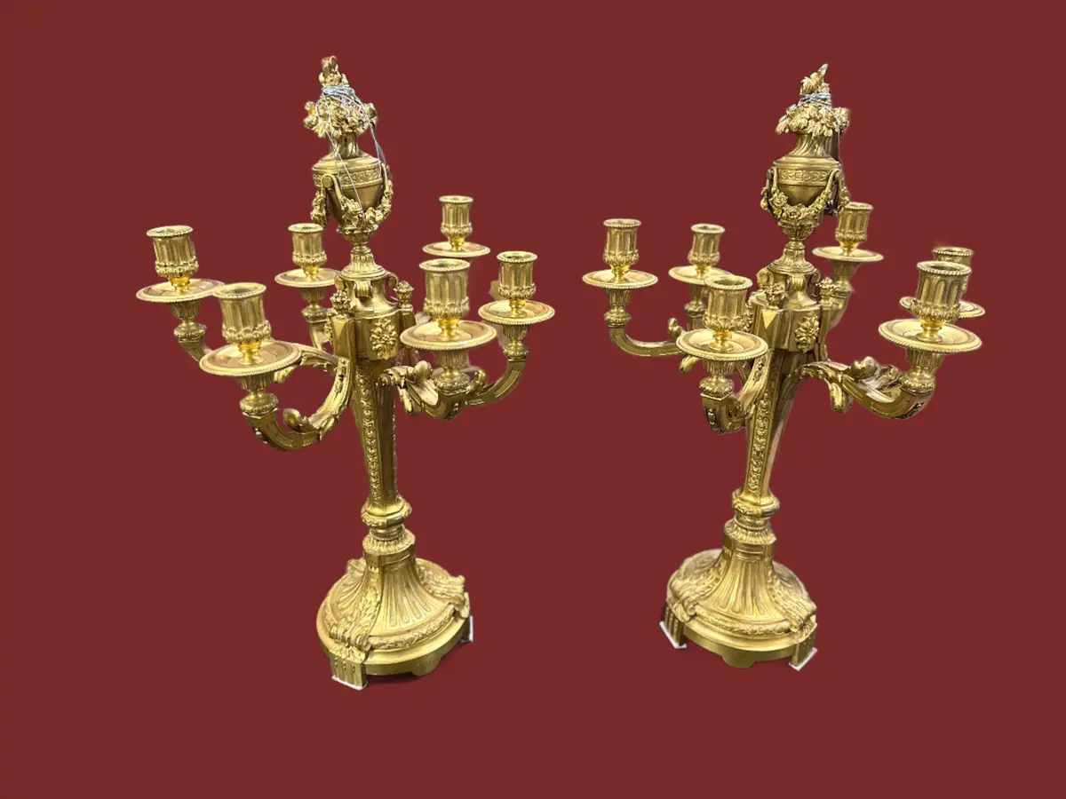 Pair Of Heavy Six Light Candelabra With Gilt Finish 1