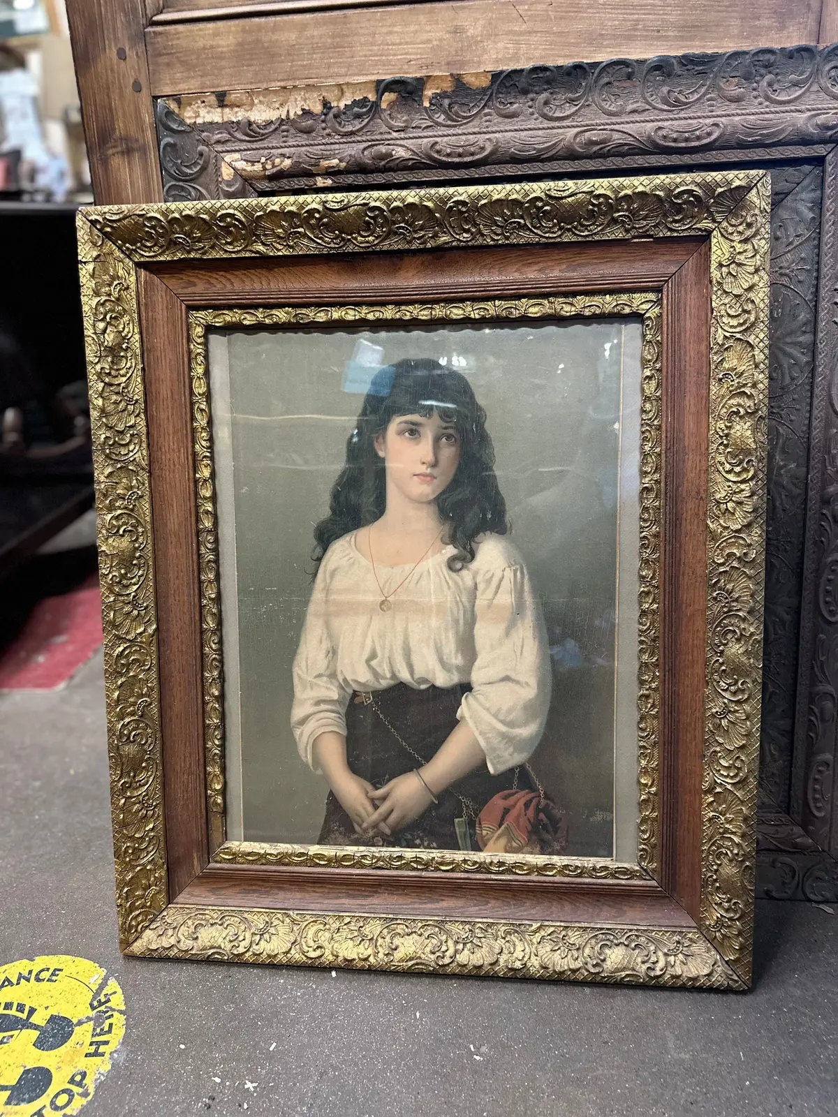 Gesso Oak 19Th Century Frame With Litho Of Lady 1