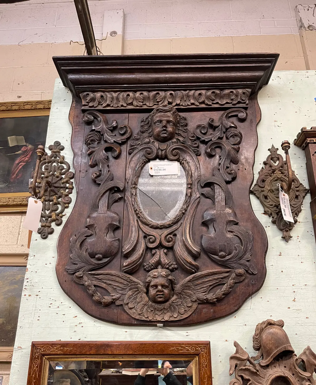 Large Very Ornate Carved French Oak Mirror With Cherubum, Violins And Festoons 1