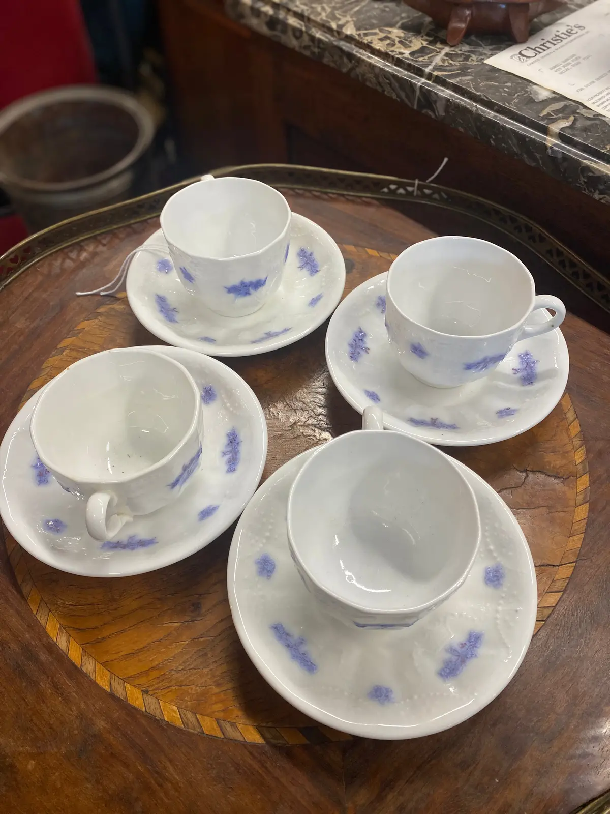 Set Of Four Adderley Lavender Blue And White Chelsea Teacups And Saucer 1