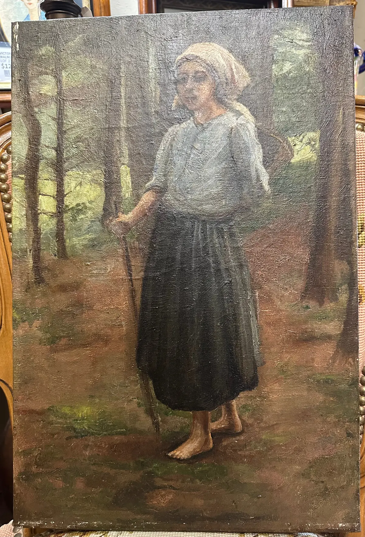 Unframed Oil Painting Of Woman Barefoot In Forest 1