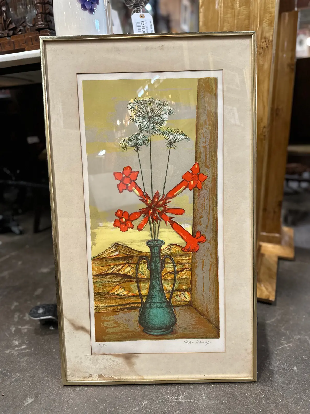 Pierre Henry Signrd And Numbered Floral Still Life Litho Mat Has Stains, Image Good 1