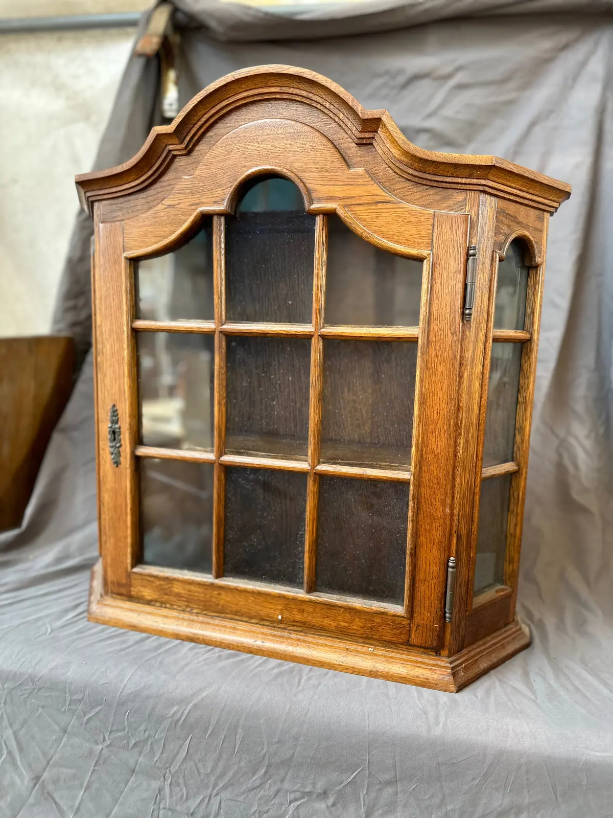 Hanging Arched Oak Cabinet With  Paned Glass 1