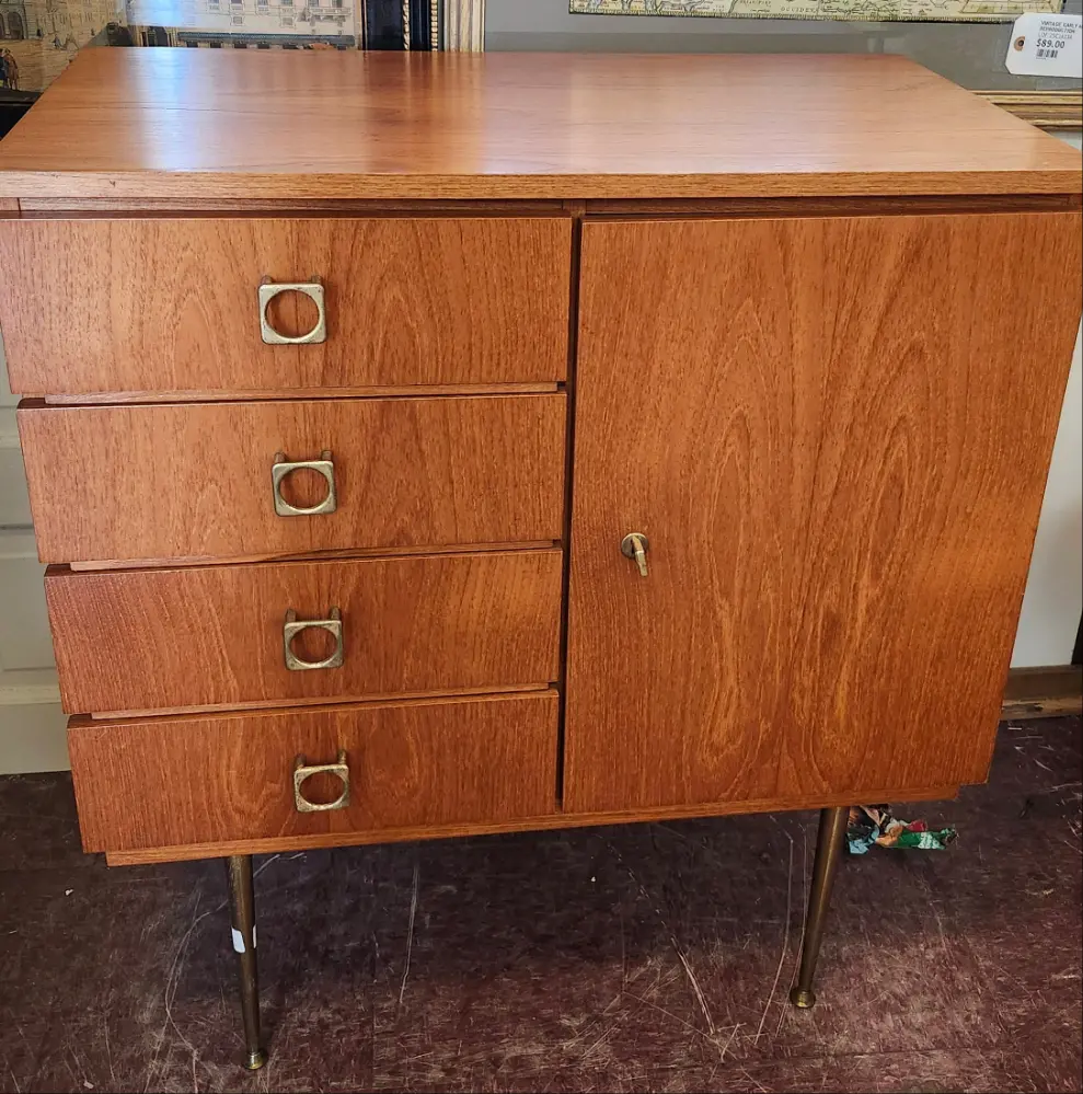 Brass Leg Teak Mid Century Small Side Cabinet 1