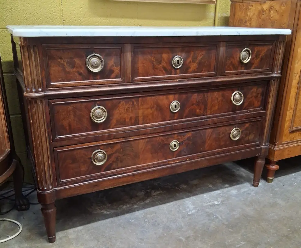 Early 20Th Century Louis Xvi Mahogany White Marble Top 3 Drawer Chest With Ring Pulls 1