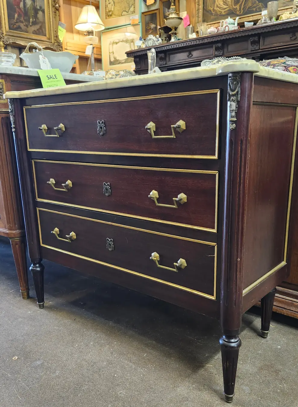 Louis Xvi Mahogany White Carrera Marble Top Small Chest 1