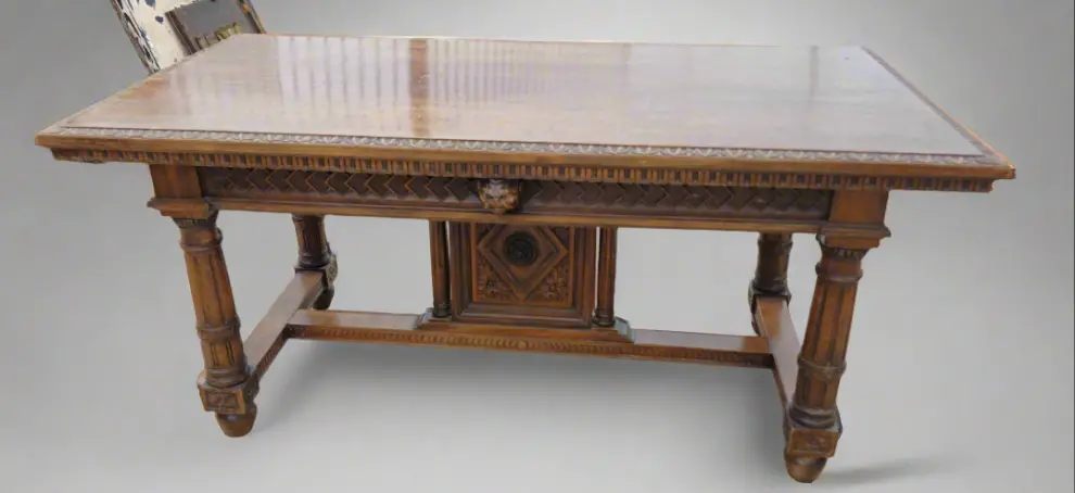 French Walnut Table With Carved Heads And Carved Panel Stretcher 1