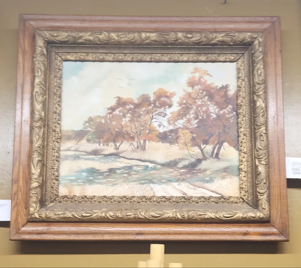 Oak And Gesso Framed Autumn Tress By Road Oil Painting Signed 1980 By Maude Waters 1