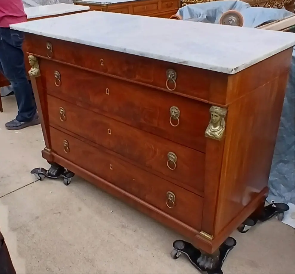 Empire Burled Mahogany 4 Drawer Chest With Marble Top And Ormolu Lady Heads 1